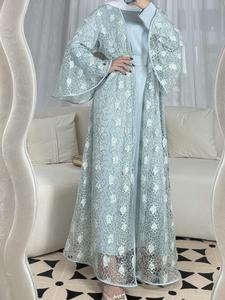 Women's Floral Lace Open Front Abaya & Inner Dress, Elegant Long Sleeve Outerwear & Plain Maxi Dress for Party Holiday Vacation, Ladies Islamic Clothing for All Seasons, Abaya Dress Set