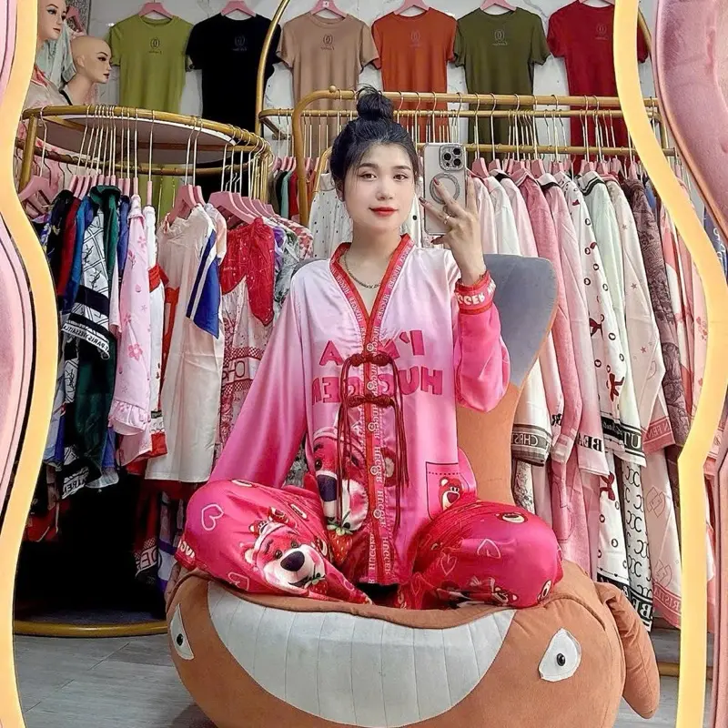 Bộ Pijjama Phối Ren Cổ V Lụa Latin Tiểu Thư Size 40-60kg