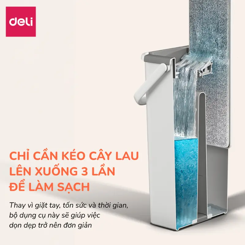 Cây lau nhà tự vắt có thùng 2 ngăn Deli, bộ chổi lau nhà 360 độ kèm bông lau microfiber siêu sạch, lau sàn nhà, sàn gỗ, kính và nhiều bề mặt khác Làm Sạch 2