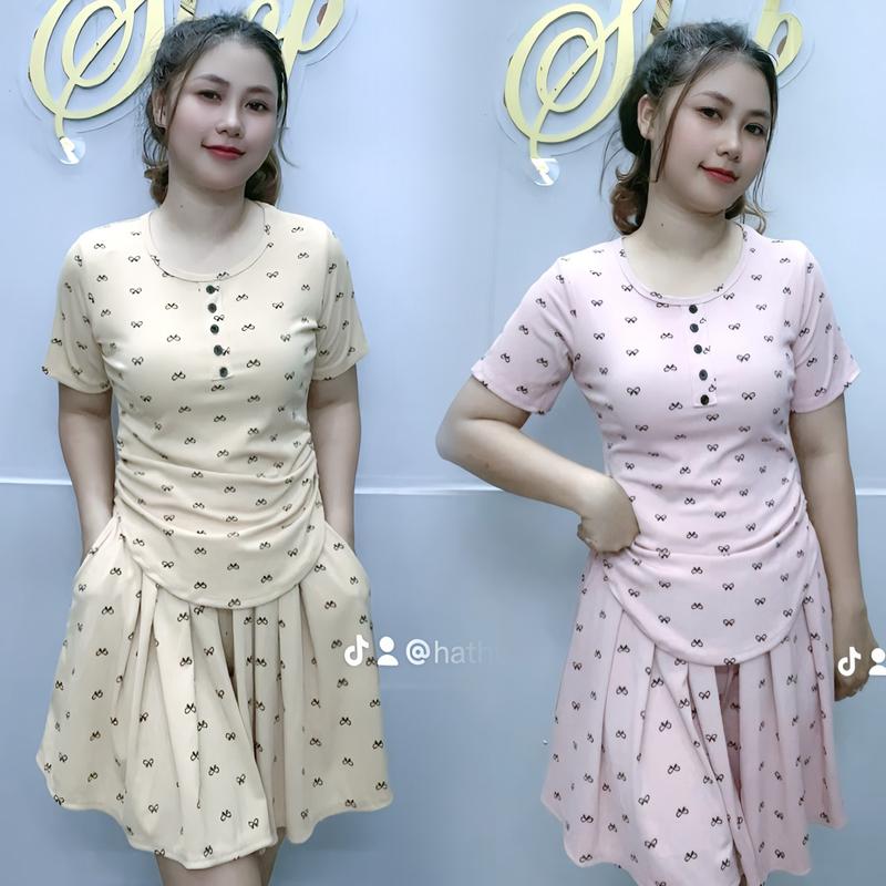 Đồ quần đùi kiểu dạng Váy Kèm Áo Tay Cộc Hoạ Tiết Chất Thun Tăm Lạnh Co Giản 4 Chiều Nữ Women Top Kem Nhung Ong Hồng