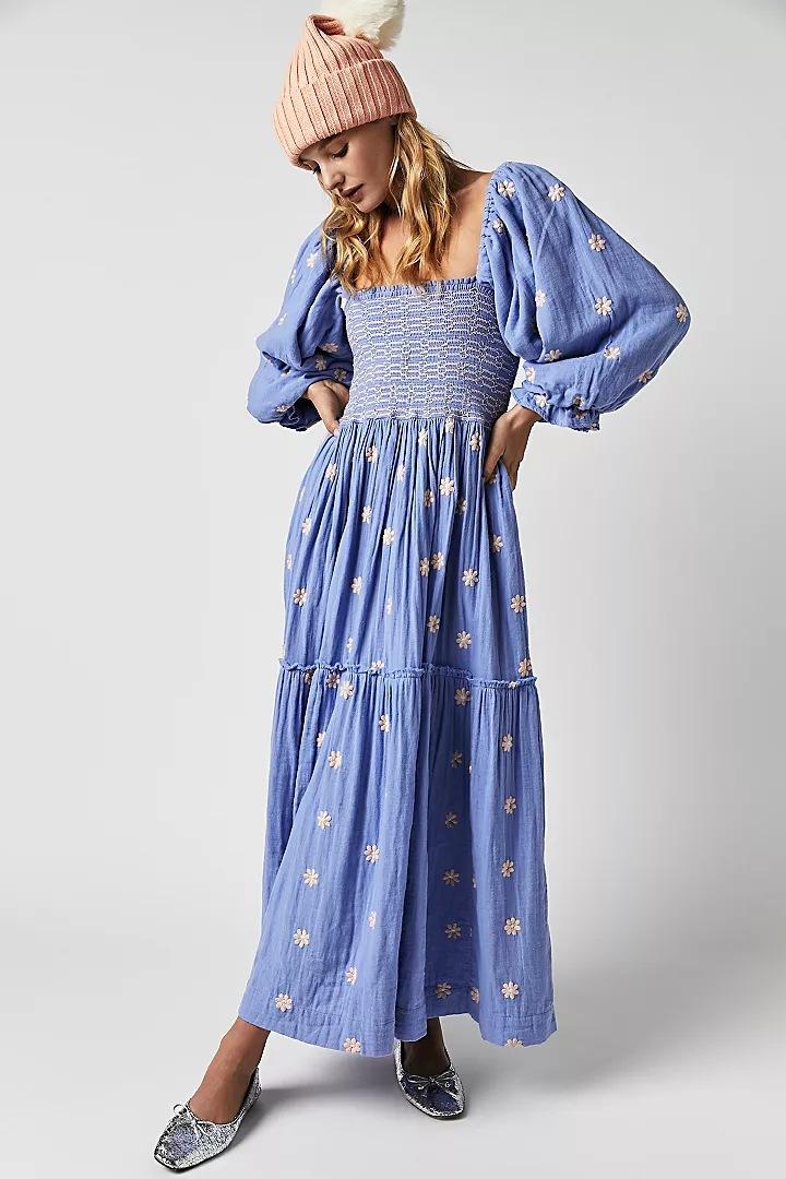 Product Introduction of Women's Floral Embroidery Frill Trim Shirred Flounce Sleeve Dress, Boho Fashion Long Sleeve Square Neck A Line Dress for Daily Holiday Vacation Wear, Ladies Dress for All Seasons, Dresses for Women, Spring Dress Casual Womenswear jaded london  dress 5