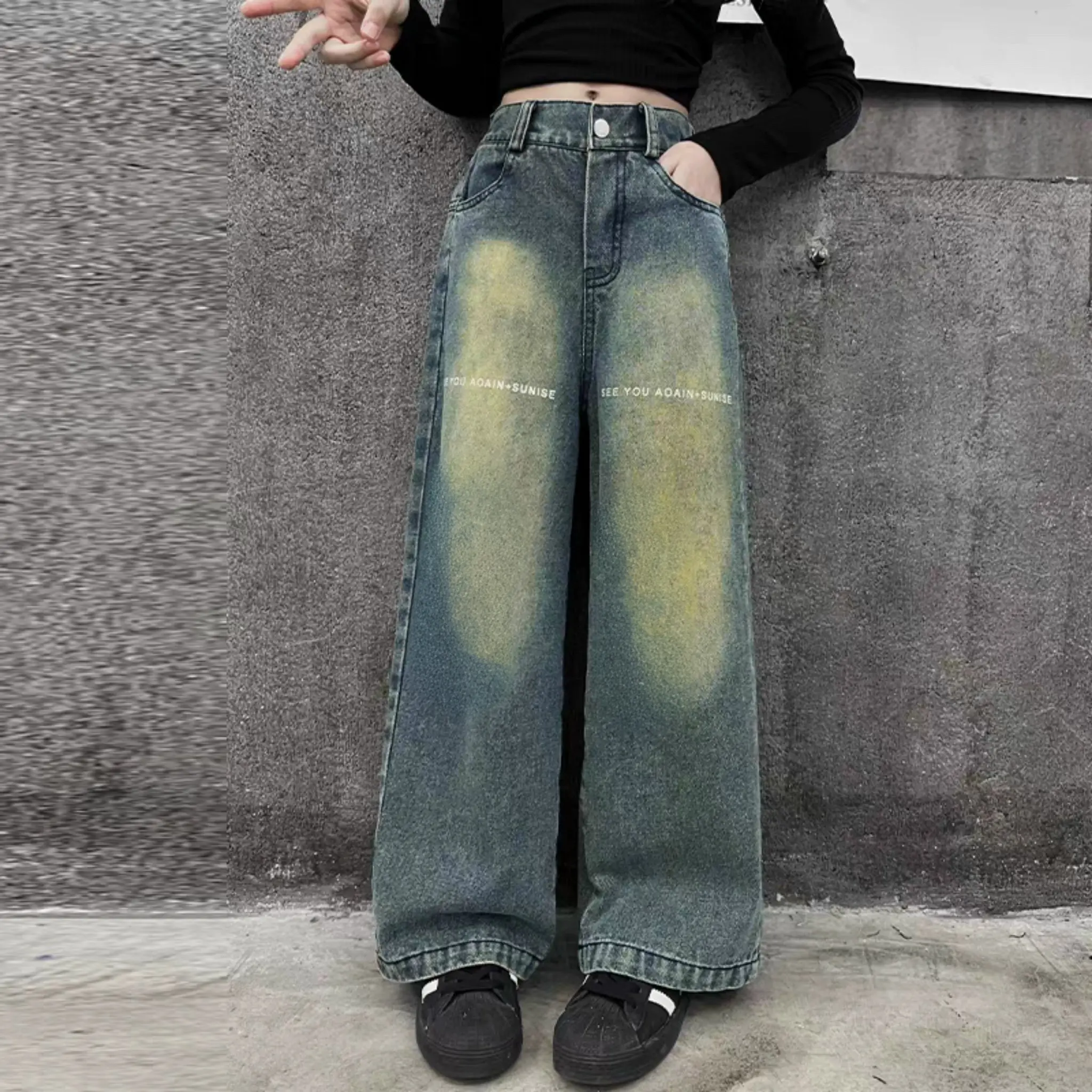 Quần Jean Xuông Trơn Chữ SEE YOU AIOAN Cho Bé Gái - Chất Jean Mềm - Cạp Trước Giả Cúc , Sau Là Cạp Chun Pants Voi quần  ống màu đen rộng quanbo chobe gai