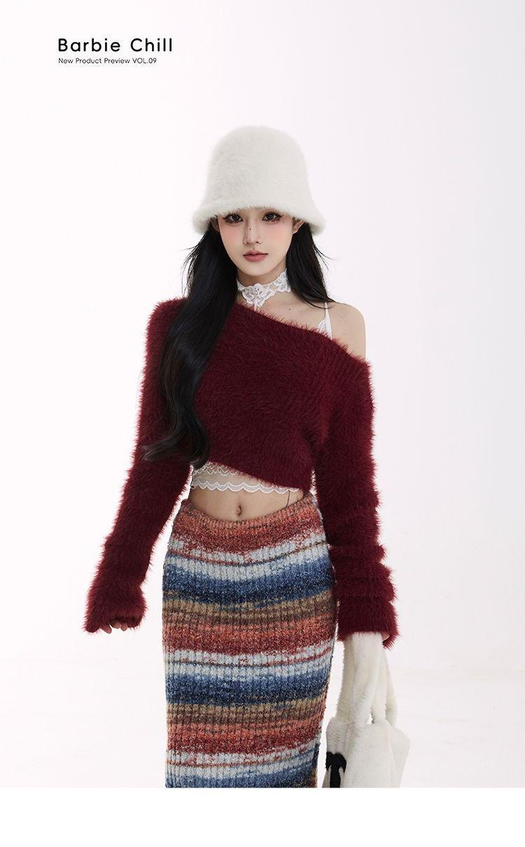 Product Introduction of Váy Len Barbie Dì, Dành Cho Nữ, Bộ Sưu Tập Thu Đông, Hàng Mới Về, Màu Tương Phản, Sọc Tua Rua, Váy Midi, Váy Bodycon, Năm 2024 Women váy  sườn Thun 7