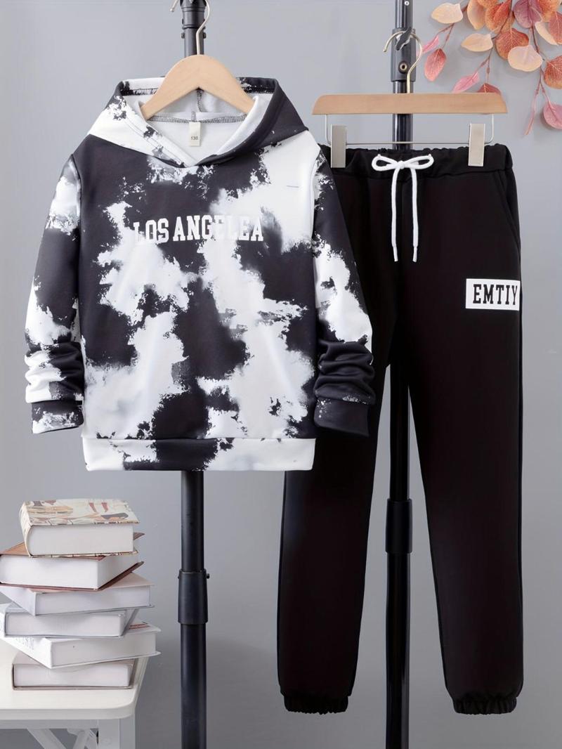 Product Introduction of Boy's 2pcs Tie Dye Print Hoodie & Drawstring Waist Sweatpants Set, Casual Fashion Letter Print Hooded Pullover & Pocket Elastic Waist Pants For Daily Wear, Boy's Two-Piece Outfits For Fall & Winter 1