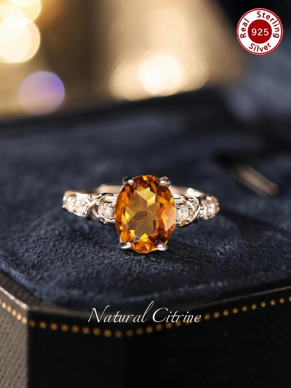 925 Sterling Silver Natural Citrine Decorated Ring, Elegant Luxury Engagement Ring, Matching Rings Jewelry As Gift for Family/friend/lover 0