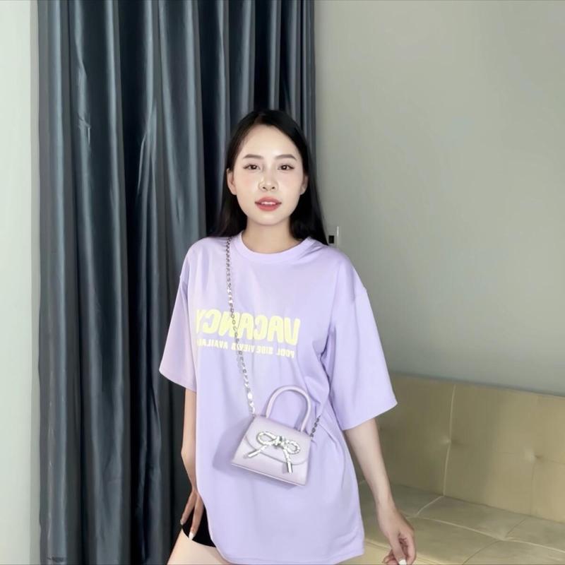 Áo thun cotton tím kết hợp chữ dập nổi free size 1