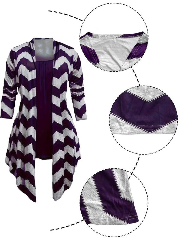 【Plus Size】 Three-Piece Set Chevron Print Open Front Coat & Plain Camisole & Pants, Casual Long Sleeve Outerwear & Sleeveless Top & Trousers for Daily Wear, Women's Three-Piece Outfits for Spring & Fall 5