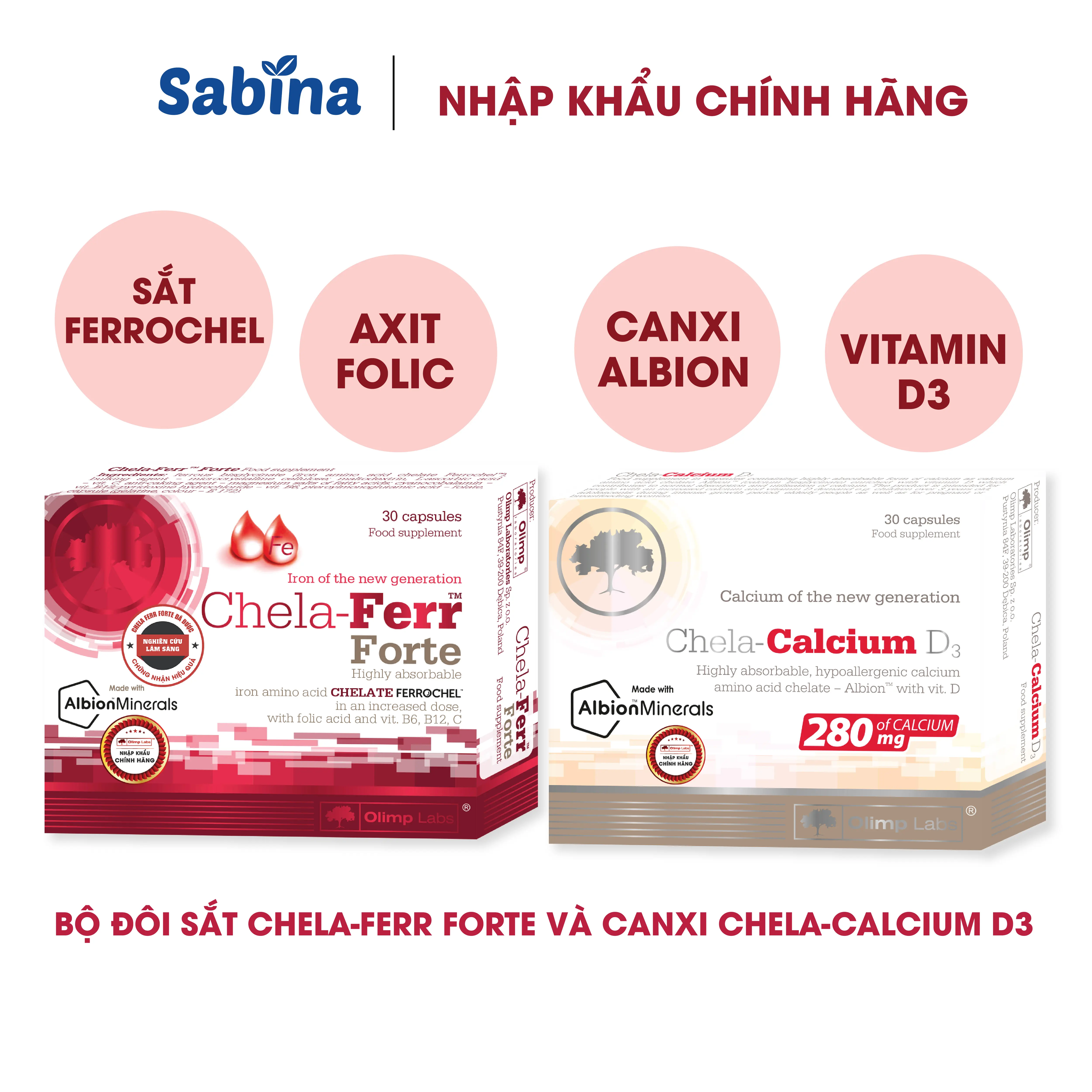 Cặp sắt Chela Ferr Forte và canxi Chela-Calcium D3 dạng Chelate Albion - Thực phẩm bảo vệ sức khoẻ cho bà bầu và sau sin