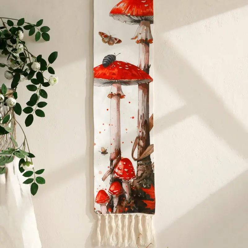 Mushroom & Butterfly Pattern Wall Hanging Tapestry, 1 Count Wooden Wall Decor, Wall Hanging Decor for Home Living Room Bedroom, Hangable 3