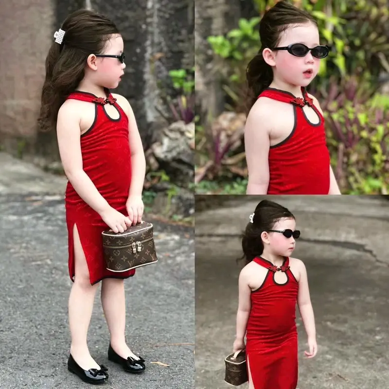 (5-35kg) váy body Sườn xám xẻ tà phong cách cho bé gái