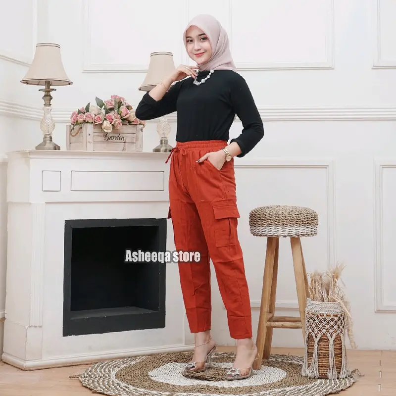 CELANA CARGO WANITA LINEN CRINKLE PREMIUM Karet Panjang Basic Katun 2