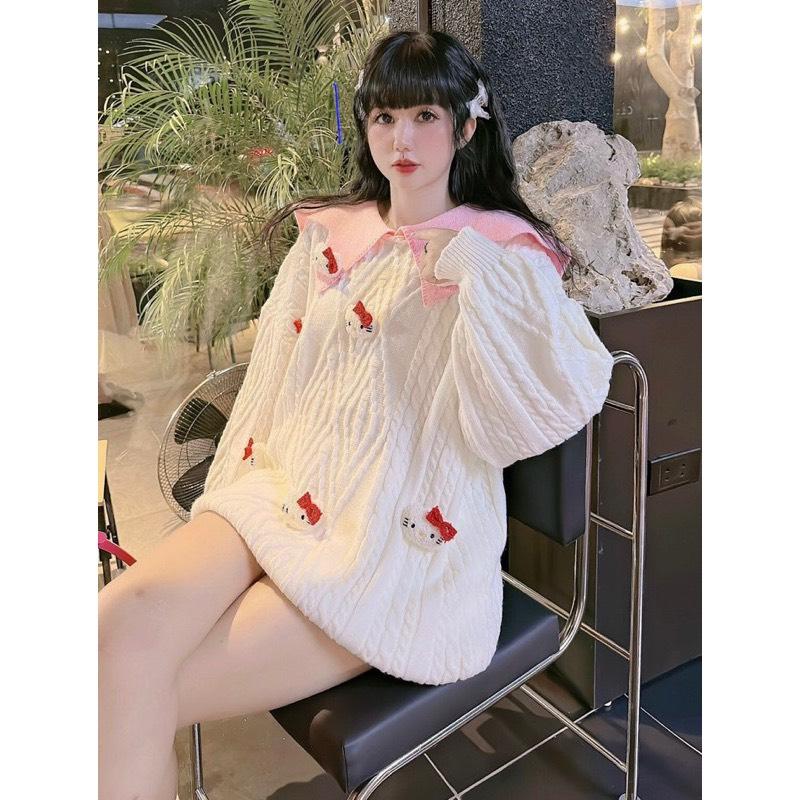  Áo len nữ cổ bẻ đính mèo kitti nổi đồ len mùa đông đi chơi noel tết Freesize từ 50kg đến 100kg Bigsize Kim Ngân 