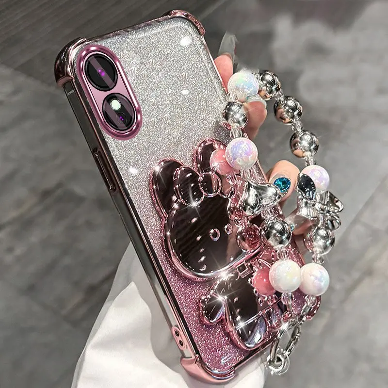 【Shockproof】Case For OPPO A18 A38 A17 A17K A60 Four Corner Anti Fall Airbag Cosmetic Rabbit Mirror Bracket with Hand Rope Mobile Phone Soft Shell Candy Luxury