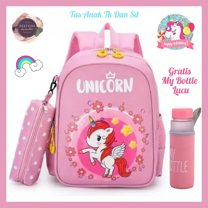 |Deefaira| Tas Uniqorn Unofficial 3 in 1 (Free Pouch pensil dan My Bottle) Ransel Sekolah Anak Perempuan untuk TK PAUD SD Fashion 0
