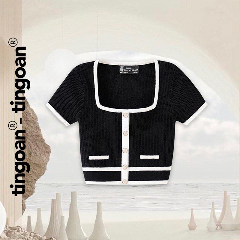 TINGOAN - Áo croptop len đen cổ vuông viền trắng DARA TOP/BL