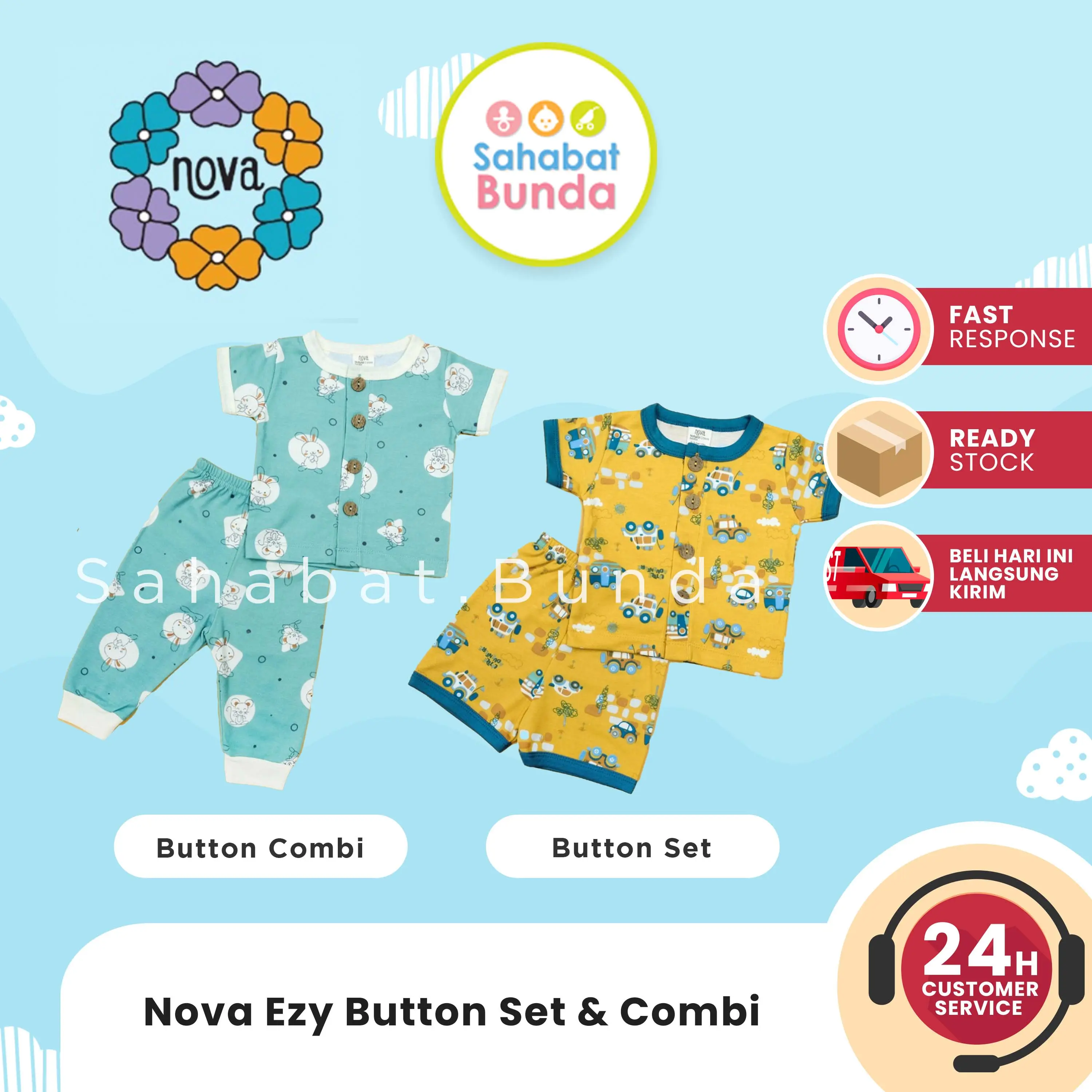 NOVA EZY Button Set Combi Baju Kancing Motif Setelan Anak Bayi 0-2y