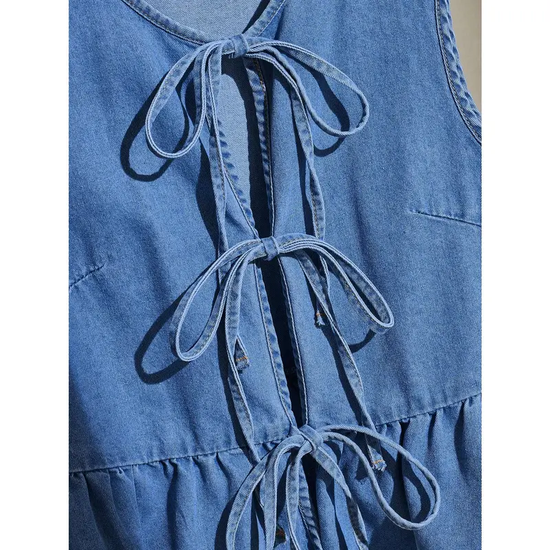 EZwear Women's Casual Denim Tie Bow Ruffle Hem Vest, Blue 2