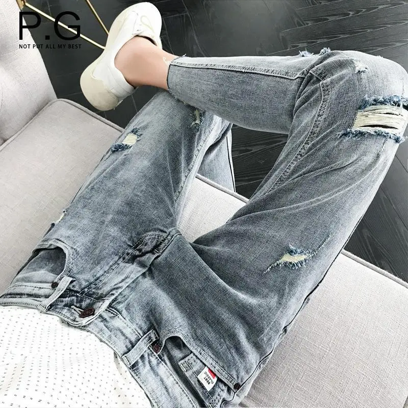 Quần Dài Quần Đến Mắt Cá Chân Rách, Quần Bò Mùa Hè Cho Nam, Thời Trang Hàn Quốc, Quần Mỏng, Dáng Ôm, Dễ Phối Đồ, Bó Sát, Quần Ăn Xin