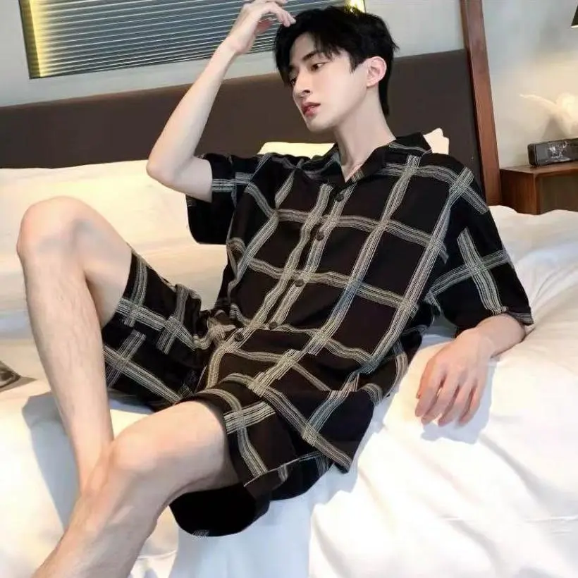 [50-115kg]1 set plus size sleepwear for men Korean style short sleeve loose shirts pajamas + cotton loose casual shorts home wear Plaid