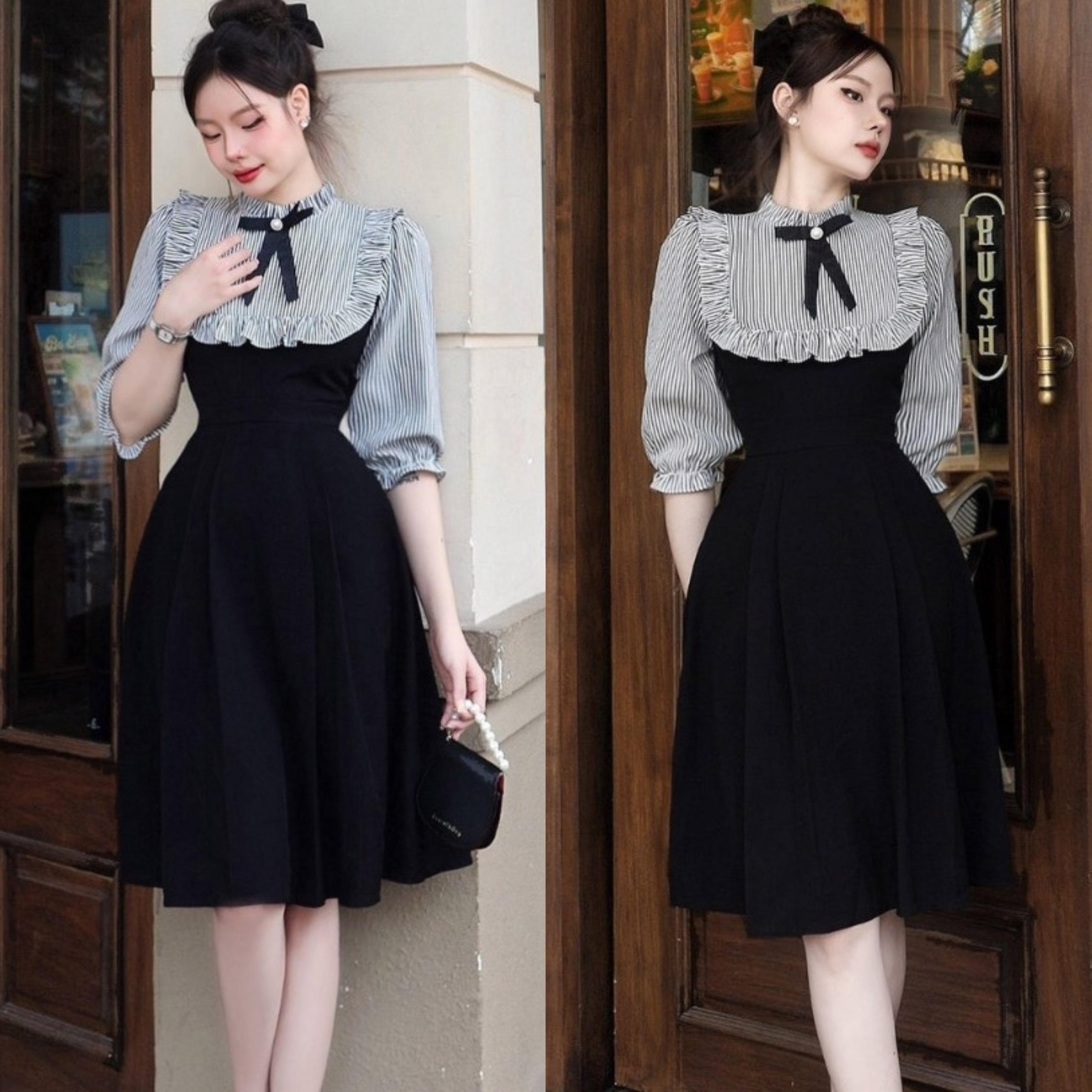 Váy Dự Tiệc Phối Yếm Đính Nơ Sọc Vại Cotton Phối Lụa 50 - 100Kg Thời Trang Nữ Béo Xinh Shop - A.1374