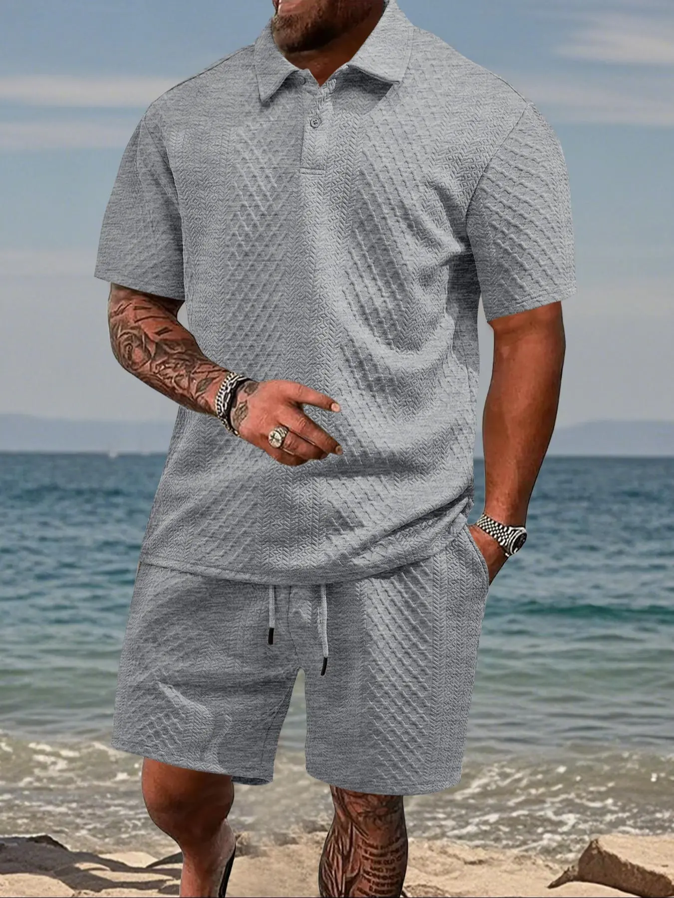 Men's Solid Textured Short Sleeve Polo Shirt & Drawstring Waist Shorts Set, Regular Fit Casual Fashion Cozy Breathable Two-piece Outfits for Summer, Men Clothes Set for Beach Vacation