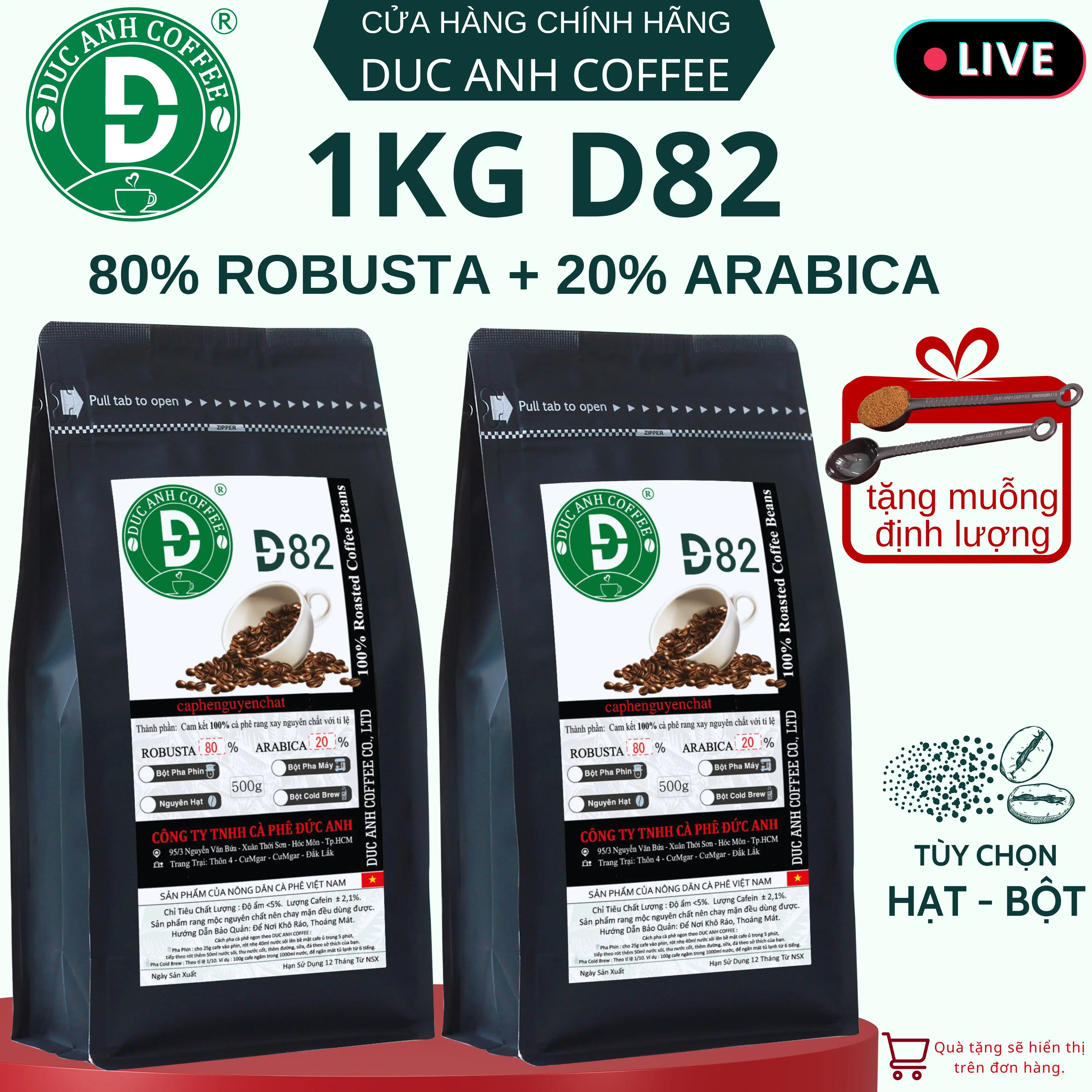 1KG Cà Phê DUC ANH COFFEE D82 (80% robusta + 20% arabica) - Rang mộc nguyên chất dùng pha phin, pha máy, coldbrew hoặc nguyên hạt