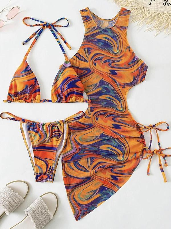 Women's All over Print Cut out Triangle Bikinis for Summer 2024, Drawstring Tie Back Halter Neck High Cut Swimwear Set for Summer, Swimsuit for Beach Holiday 0