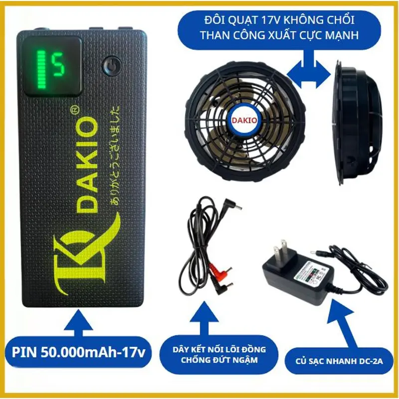 (BẢO HÀNH 1 NĂM) Bộ Phụ Kiện Áo Điều Hòa Nhật Bản DAKIO Pin 50,000mAh, quạt 17V công suất mạnh kèm sạc,dây DC chống đứt 1