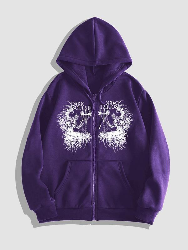 Men's Letter Print Zip Up Hoodie, Regular Fit Casual Street Long Sleeve Hooded Sweatshirt for Fall & Winter, Men's Clothes for Daily Wear 0
