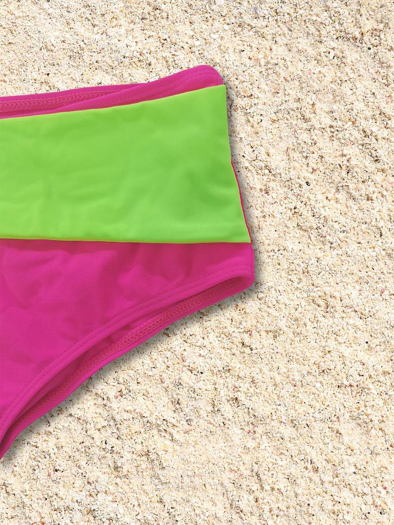 Product Introduction of Women's 2pcs Colorblock Wrap Knot Halter Bikini Top & High Waist Bikini Bottom Bikinis for Summer 2024, Contrast Two-Tone 2 Piece Swimwear for Summer, Women's Swimsuit for Beach Holiday 13
