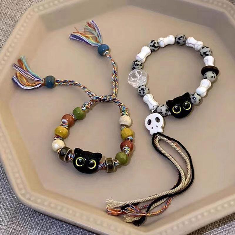 Product Introduction of [Store Hot Sale] Skull Cat Woven Rope Bracelet for Men and Women, Niche Design, Sweet and Cool Chinese Style Tassel Colorful Bracelet Jewelry 2