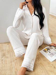 Two-Piece Set Women's Lettuce Trim Tiered Layer Lapel Top & Pants Pyjama Set, Casual Soft Button Front Long Sleeve Top & Trousers Loungewear Set, Women's Sleepwear & Loungewear