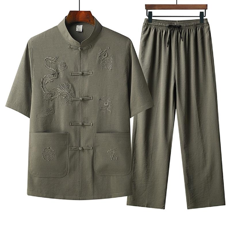 [Mã : BDR ] Đồ bộ quần dài áo Cộc tay thêu hình RỒNG  cho Bố chất liệu vải Đũi xước Có ảnh mặc thật trong chi tiết sản phẩm, thanh lịch nhã nhặn cho các quý ông Menswear Nam