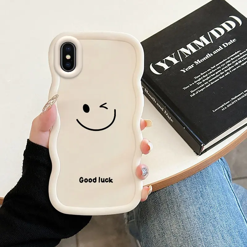 Ốp Điện Thoại Mềm, Dành Cho iPhone X, iPhone XS, iPhone XS MAX, Màu Trơn Đơn Giản, Cạnh Cong Gợn Sóng, Thiết Kế Mặt Cười, Chất Liệu Silicon Thời Trang, Chống Sốc, Phong Cách Macaroon, GOOD LUCK