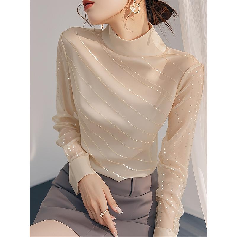 Product Introduction of Beautiful Blouse French Style Temperament Top Light Beige Sequined Long Sleeve Women's Shirts Womenswear Lingerie Comfort Basic Minimalist 1