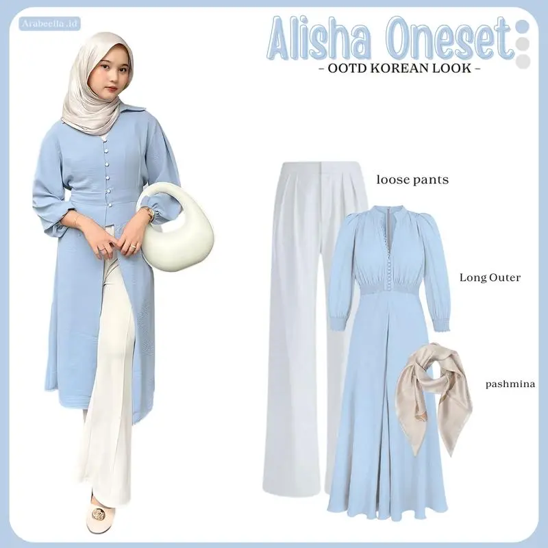 Bramantyashop - Setelan Baju Wanita Alisha / Bawahan Kulot Loose Pants / Atasan Long Outer Tunik / Pashmina Silk Premium /  Setelan Ramadhan / One set Hari Raya Muslim / Ootd Lebaran / Bukber Ideas Casual