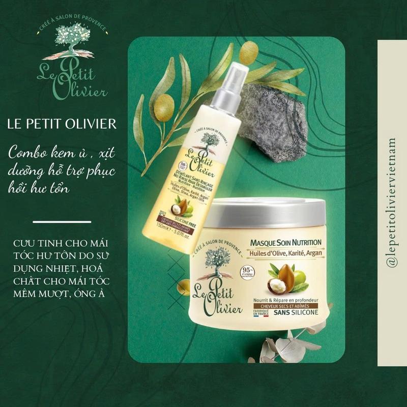 COMBO Xịt Dưỡng Tóc 150ml & Kem Ủ Tóc Chiết Xuất Dầu Olive, Bơ Hạt Mỡ, Dầu Argan Le Petit Olivier 330ml