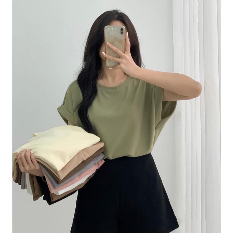 Áo thun tổ ong tay hến cổ tròn áo phông kiểu trơn basic đen trắng nâu hồng mai chi store AK001 Top Nữ Women