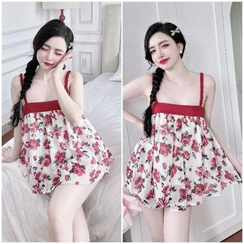  Bigsize  65Kg-90Kg  Bộ Ngủ Nữ Áo 2 Dây Thắt Bính Quần Đùi Áo Quần Đều 2 Lớp Chất Liệu Voan Họa Tiết Mềm Mịn Mát Women 