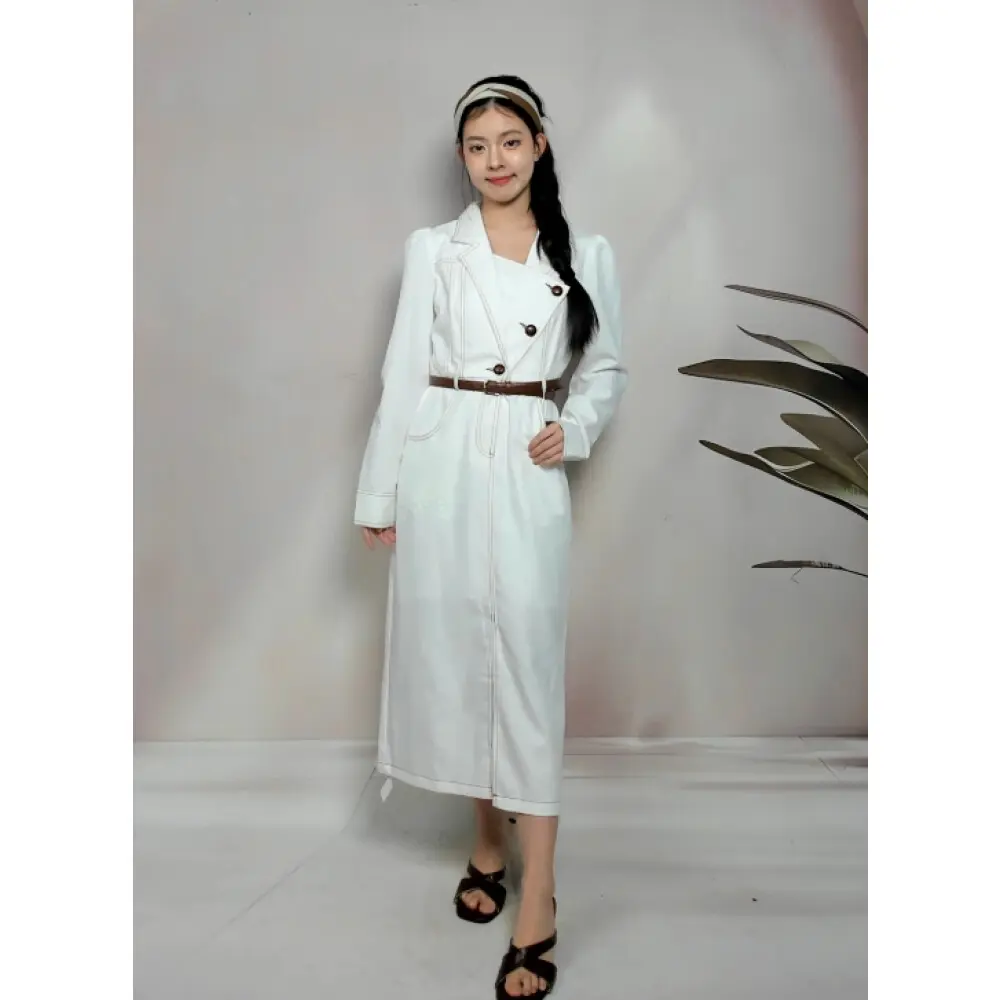 [Ready Stock] FADFAD Gaun Putih Untuk Wanita Elegan Lengan Panjang Kerah V-neck Berkancing