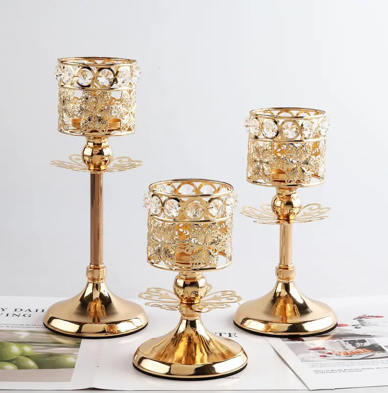 Tempat lilinnya 3 Height Liontin Kristal Candle Holder Golden Crystal Tea Light  Sparklers Wedding Candelabra Wedding Table Kokoh n Cantik Elegan Retro Stability Wedding Gold Lilin 0