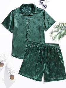 ZAFUL Men's Jacquard Silky Satin Floral Print Rose Pattern Button Front Short Sleeve Shirt And Shorts Set - Green