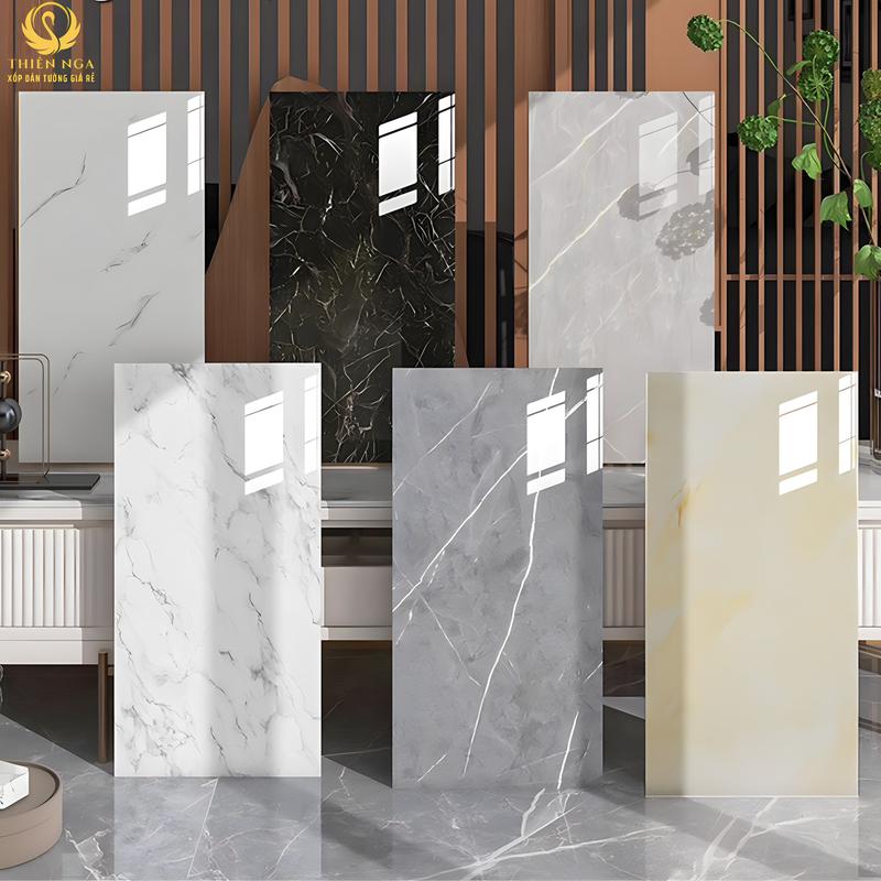 Combo 50 tấm xốp phủ PVC kích thước 30x60cm - Bề mặt phủ bóng trang trí tường phòng ngủ, phòng khách, phòng bếp, có sẵn keo dán