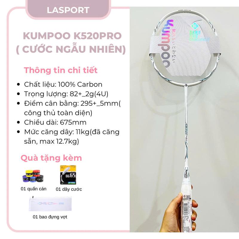  1 Vợt cầu lông Kumpoo K520PRO chính hãng sợi carbon 4U căng sẵn 11kg tặng kèm túi đựng và quấn cán 