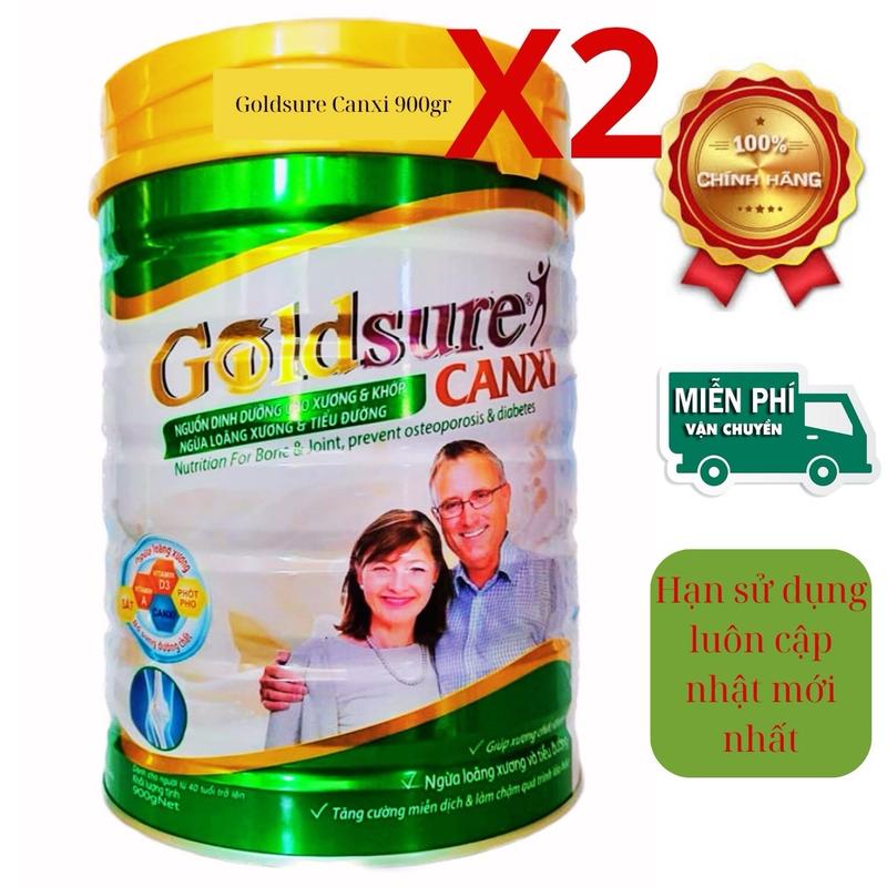 2 lon sữa công thức Goldsure Canxi (mỗi lon 900g, date 2027).