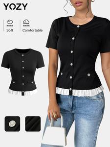 YOZY Women's Patchwork Print Button Front Tee, Casual Short Sleeve Round Neck T-shirt for Summer, Ladies Clothes for Daily Wear, Top