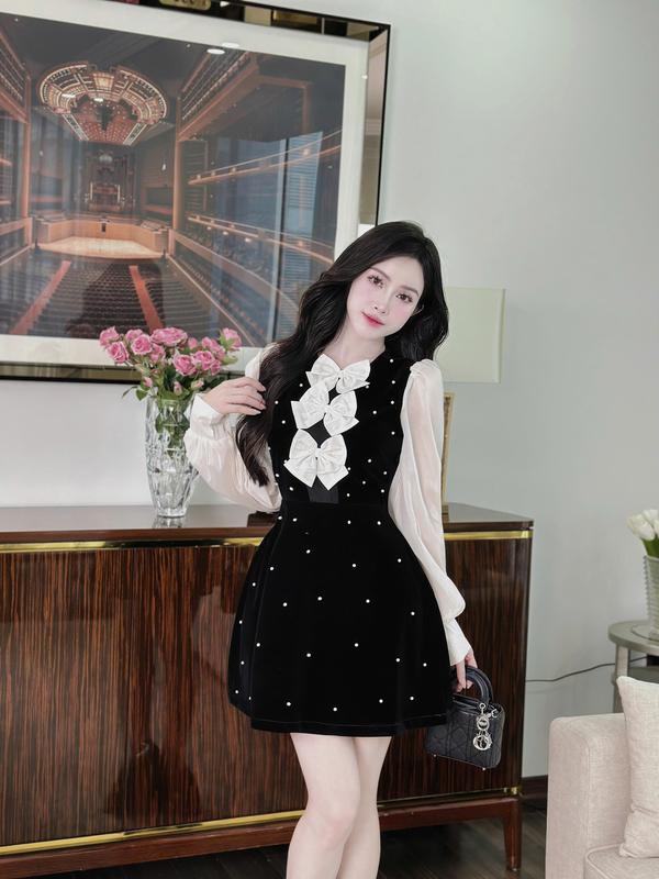Đầm đính kèm đá phối tay voan tơ nhăn nơ ngực tiểu thư sang chảnh cực xinh N199