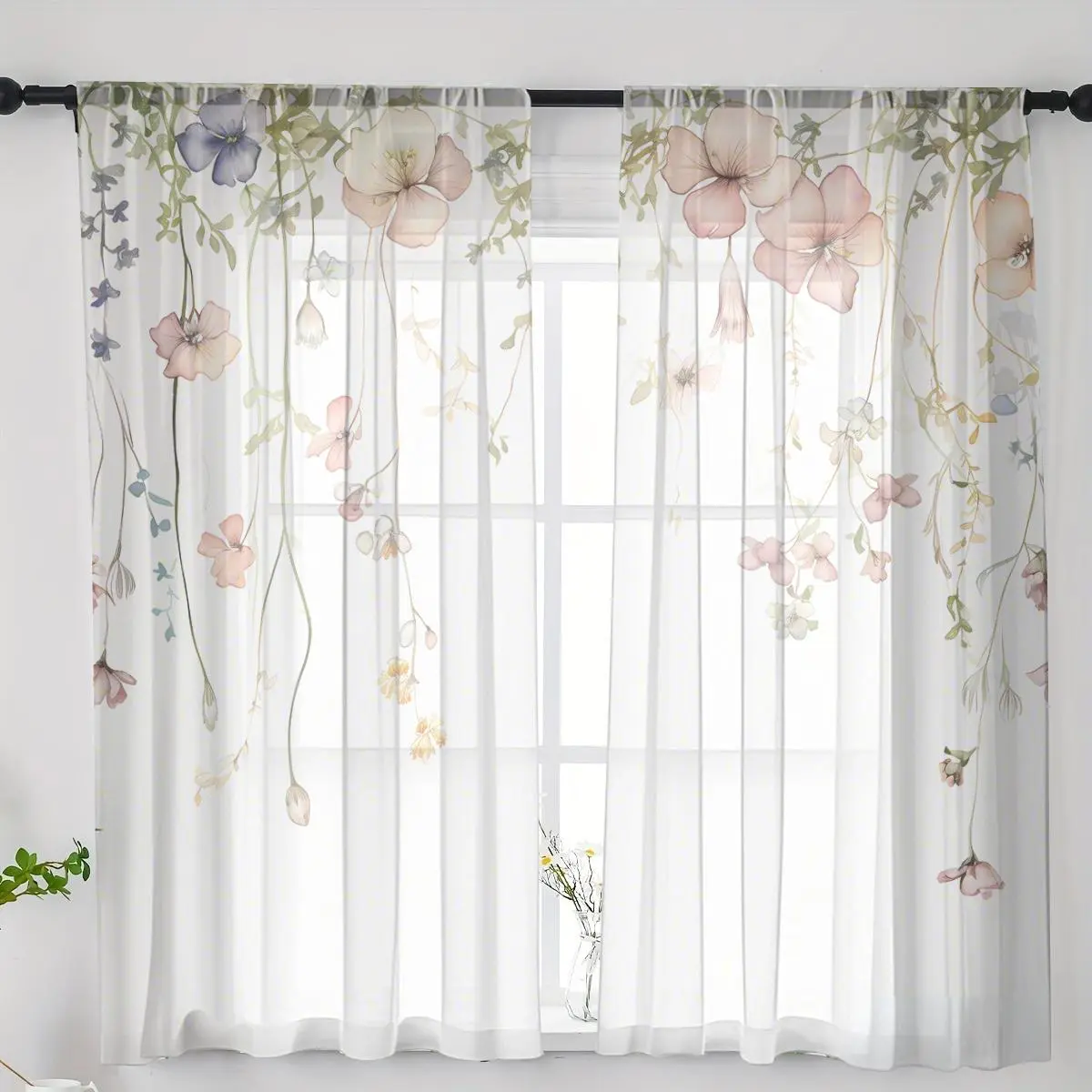 Floral Pattern Curtain, 2 Counts/set Modern Simple Window Curtain, Home Decorative Curtain for Living Room Bedroom Office Coffee Shop