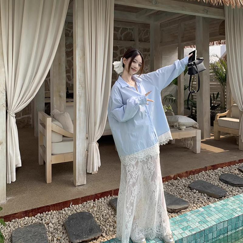 Áo Sơ Mi Dài Tay Dáng Rộng Khâu Ren, Dành Cho Nữ, Vải Polyster Và Cotton, Cổ Polo, Thiết Kế Đẹp, Phong Cách Kỳ Nghỉ, Chống Nắng, Hàng Mới Về Mùa Xuân Và Mùa Hè 2025 4