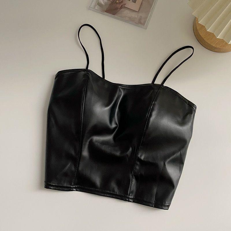 Product Introduction of European and American hot girl PU leather jacket, camisole, small vest, women's autumn outfit with chest cushion, short base shirt, top Lingerie Tube Lady Basic Minimalist Spaghetti Strap 14